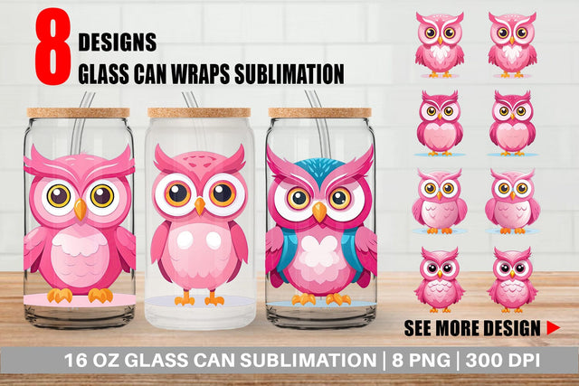 Glass Can Pink Owl Valentine Sublimation artnoy 