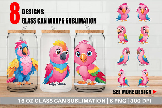 Glass Can Pink Parrot Valentine Sublimation artnoy 