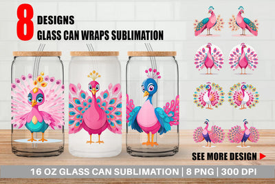 Glass Can Pink Peacock Valentine Sublimation artnoy 