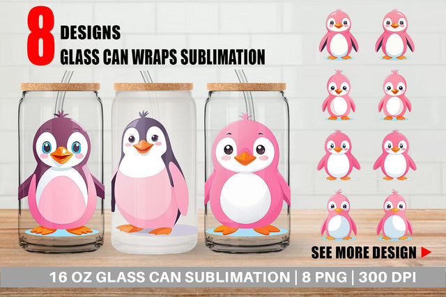Glass Can Pink Penguin Valentine Sublimation artnoy 