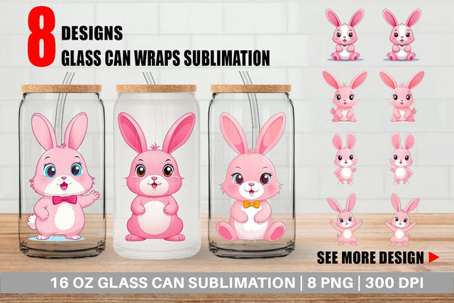Glass Can Pink Rabbit Valentine Sublimation artnoy 