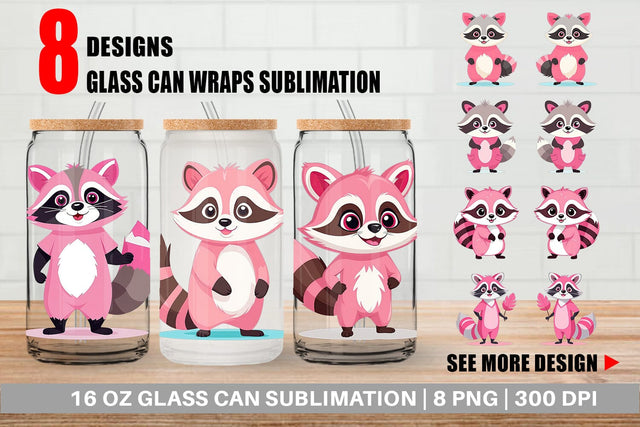 Glass Can Pink Raccoon Valentine Sublimation artnoy 
