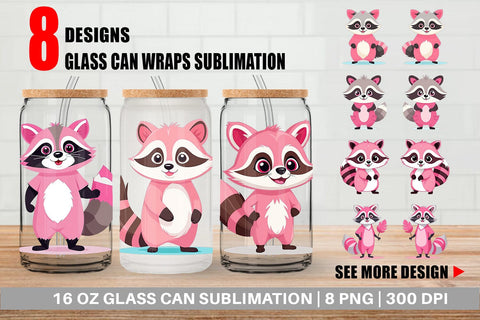 Glass Can Pink Raccoon Valentine Sublimation artnoy 