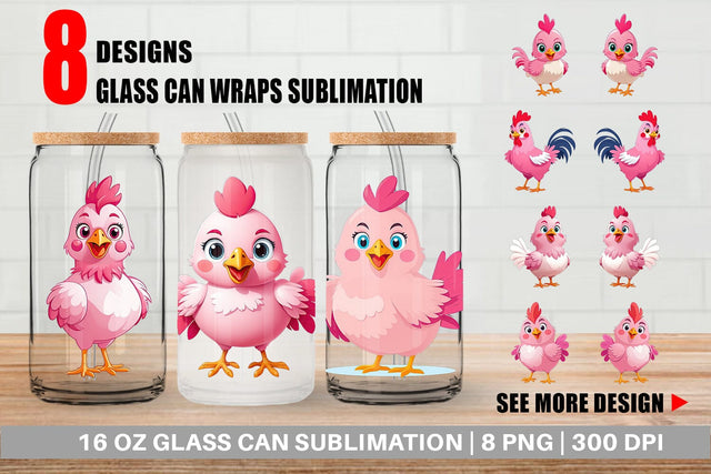 Glass Can Pink Rooster Valentine Sublimation artnoy 