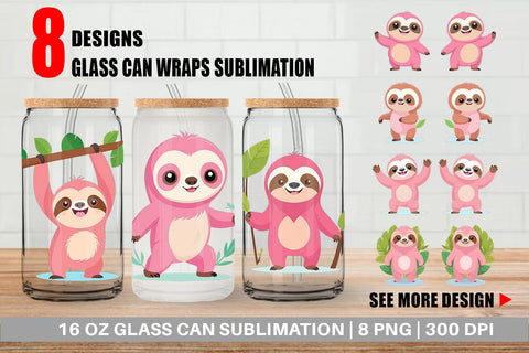 Glass Can Pink Sloth Valentine Sublimation artnoy 