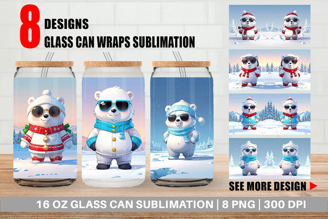 Glass Can Polar Bear Christmas Sublimation artnoy 