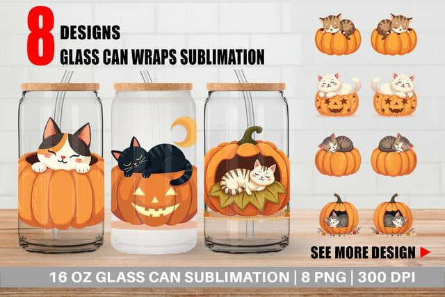 Glass Can Pumpkin Cats Fall Sublimation artnoy 