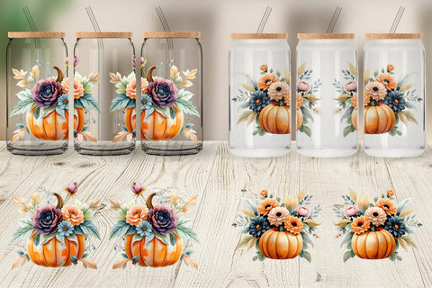 Glass Can Pumpkin Watercolor Floral Sublimation artnoy 