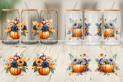Glass Can Pumpkin Watercolor Floral Sublimation artnoy 