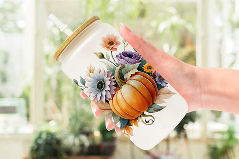 Glass Can Pumpkin Watercolor Floral Sublimation artnoy 