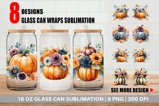 Glass Can Pumpkin Watercolor Floral Sublimation artnoy 