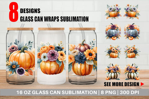 Glass Can Pumpkin Watercolor Floral Sublimation artnoy 