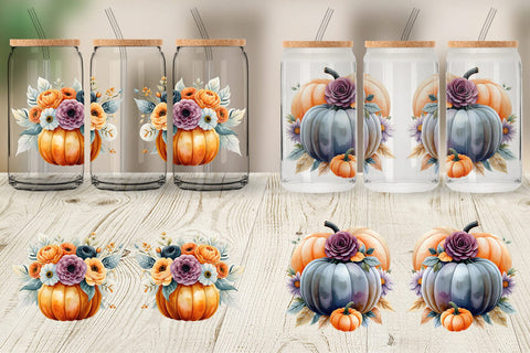 Glass Can Pumpkin Watercolor Floral Sublimation artnoy 