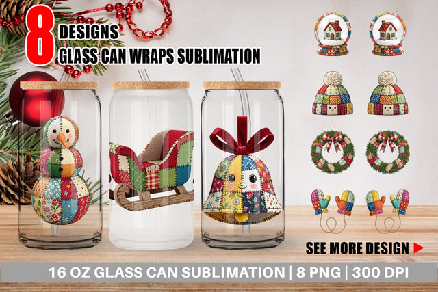Glass Can Quilted Winter Decor Patchwork Sublimation artnoy 