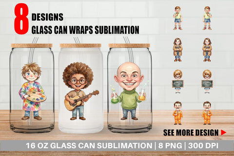 Glass Can Quirky 70s Human Teacher Watercolor Sublimation artnoy 
