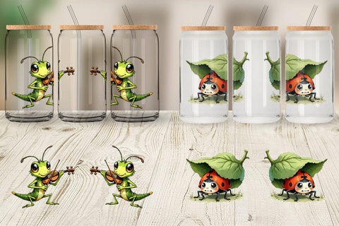 Glass Can Quirky Garden Critters Inked Watercolor Illustrations Sublimation artnoy 