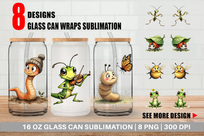 Glass Can Quirky Garden Critters Inked Watercolor Illustrations Sublimation artnoy 