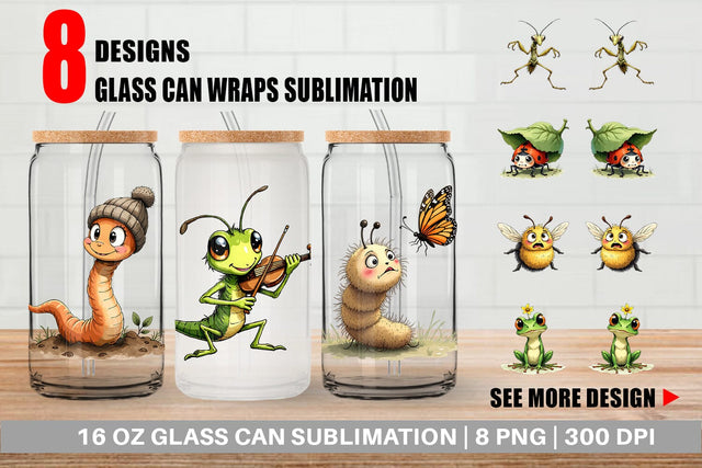 Glass Can Quirky Garden Critters Inked Watercolor Illustrations Sublimation artnoy 