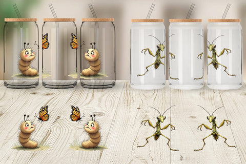 Glass Can Quirky Garden Critters Inked Watercolor Illustrations Sublimation artnoy 