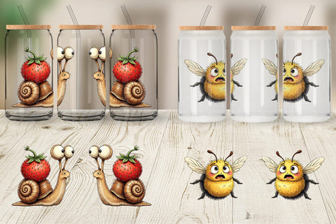 Glass Can Quirky Garden Critters Inked Watercolor Illustrations Sublimation artnoy 