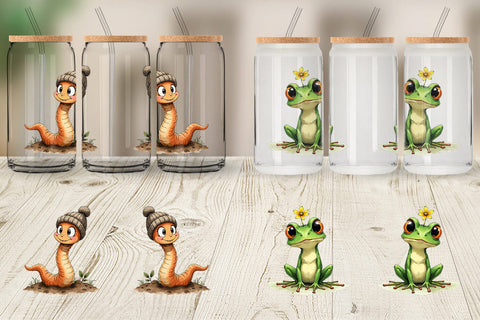 Glass Can Quirky Garden Critters Inked Watercolor Illustrations Sublimation artnoy 