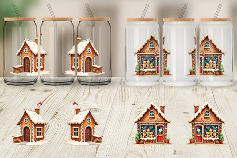 Glass Can Quirky Gingerbread Village Watercolor Sublimation artnoy 