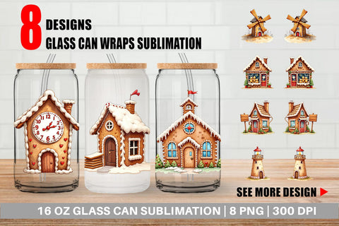 Glass Can Quirky Gingerbread Village Watercolor Sublimation artnoy 