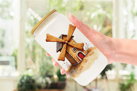 Glass Can Quirky Gingerbread Village Watercolor Sublimation artnoy 