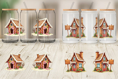 Glass Can Quirky Gingerbread Village Watercolor Sublimation artnoy 