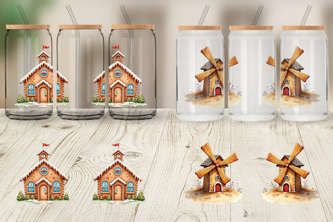 Glass Can Quirky Gingerbread Village Watercolor Sublimation artnoy 