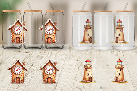 Glass Can Quirky Gingerbread Village Watercolor Sublimation artnoy 