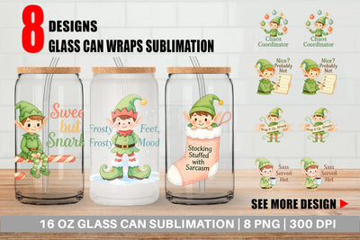 Glass Can Quotes Watercolor Elf Antics and Sarcasm Sublimation artnoy 