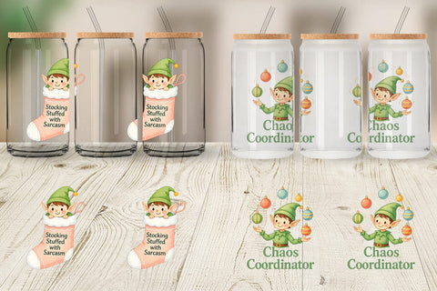 Glass Can Quotes Watercolor Elf Antics and Sarcasm Sublimation artnoy 