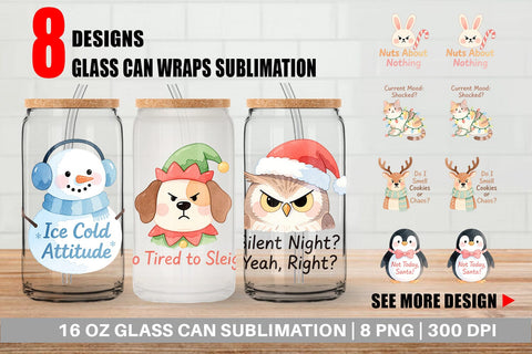 Glass Can Quotes Watercolor Grumpy Animals Christmas Sublimation artnoy 