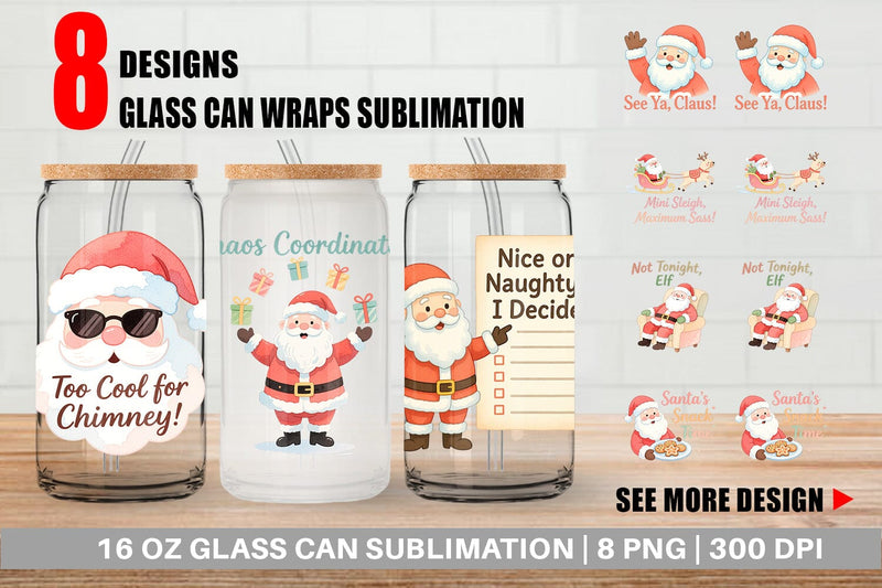 Glass Can Quotes Watercolor Sassy Santa Claus Sublimation artnoy 