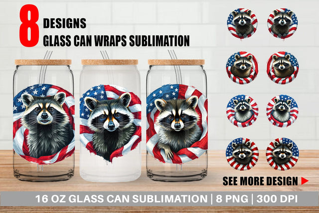 Glass Can Raccoon 4th of July Sublimation artnoy 