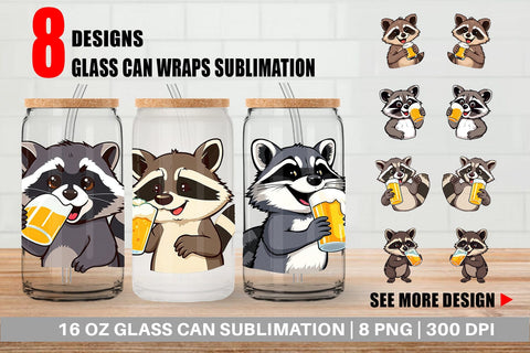 Glass Can Raccoon Beer Day Sublimation artnoy 