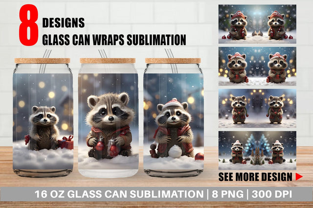 Glass Can Raccoon Christmas Sublimation artnoy 