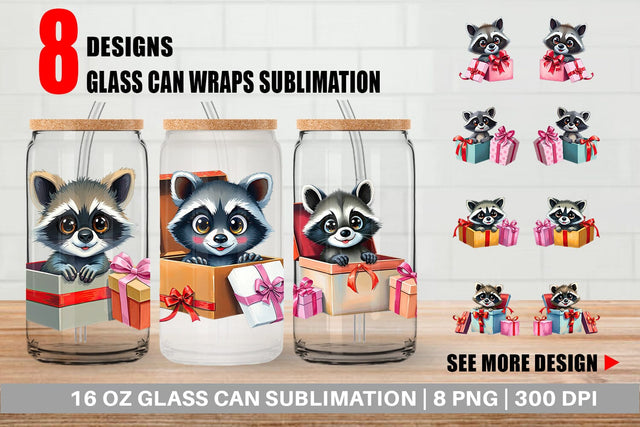 Glass Can Raccoon Gift Sublimation artnoy 