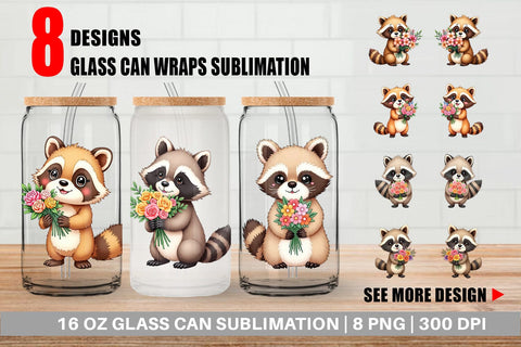 Glass Can Raccoon Spring Bouquet Sublimation artnoy 