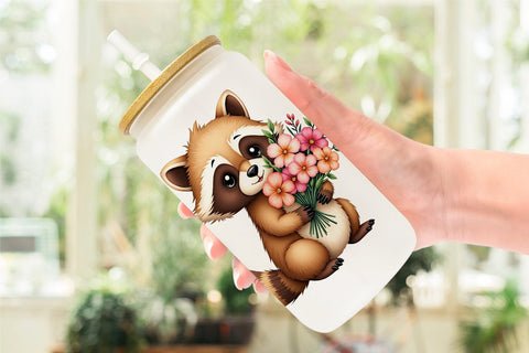 Glass Can Raccoon Spring Bouquet Sublimation artnoy 