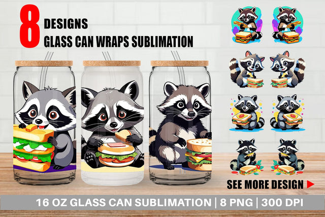Glass Can Raccoon with Sandwich Sublimation artnoy 