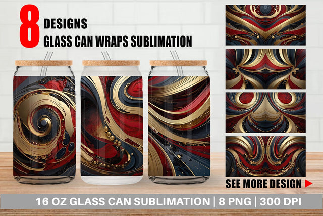 Glass Can Red and Gold Swirl Sublimation artnoy 