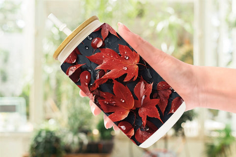 Glass Can Red Leaves Pattern Sublimation artnoy 