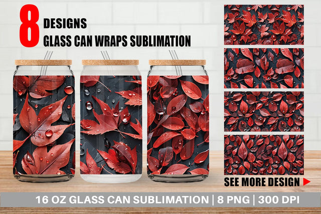 Glass Can Red Leaves Pattern Sublimation artnoy 