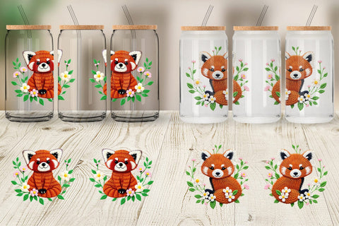 Glass Can Red Panda Embroidery Sublimation artnoy 