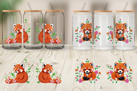 Glass Can Red Panda Embroidery Sublimation artnoy 