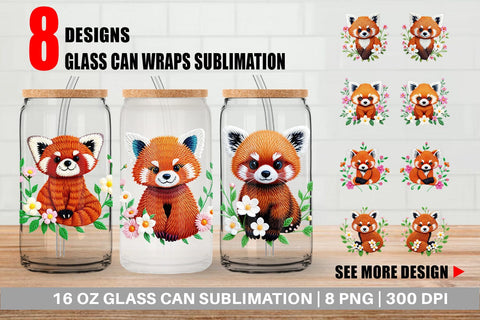 Glass Can Red Panda Embroidery Sublimation artnoy 