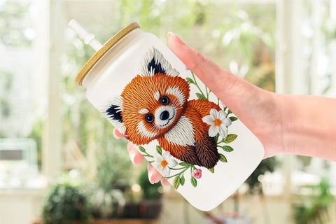 Glass Can Red Panda Embroidery Sublimation artnoy 