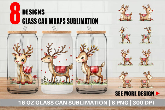 Glass Can Reindeer Patchwork Watercolor Sublimation artnoy 